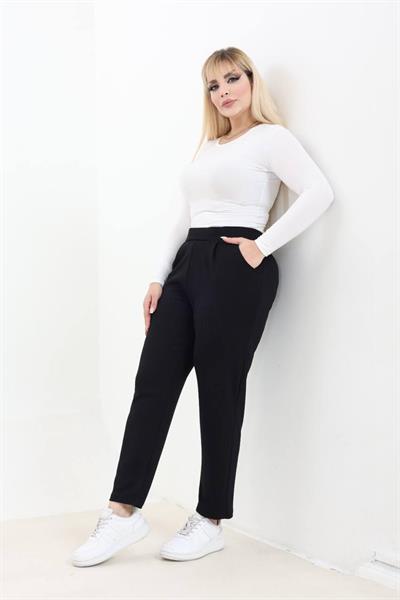 Büyük Beden Kendinden Çizgili Modal Kumaş Beli Lastikli Pantolon-bgp83