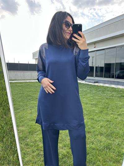 Büyük beden kolları taş detaylı i̇kili takım - Charamela