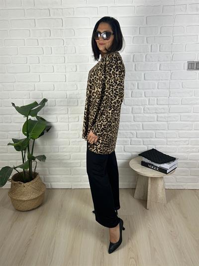 Büyük Beden Leopar Desenli Bluz-Pantolon İkili Takım-bgt51