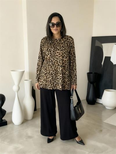 Büyük Beden Leopar Desenli Bluz-Pantolon İkili Takım-bgt51