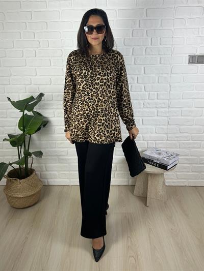 Büyük Beden Leopar Desenli Bluz-Pantolon İkili Takım-bgt51