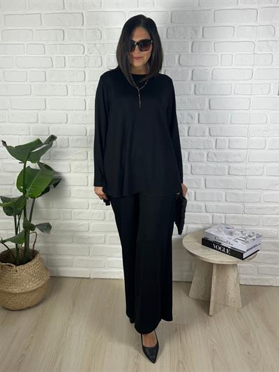 Büyük Beden Lıkralı Esnek Rahat Kalıp Siyah Bluz-Pantolon İkili Takım-bgt53