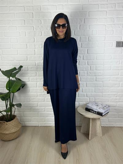 Büyük Beden Lıkralı Esnek Rahat Kalıp Lacivert Bluz-Pantolon İkili Takım-bgt54