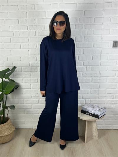Büyük Beden Lıkralı Esnek Rahat Kalıp Lacivert Bluz-Pantolon İkili Takım-bgt54