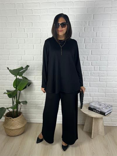 Büyük Beden Lıkralı Esnek Rahat Kalıp Siyah Bluz-Pantolon İkili Takım-bgt53