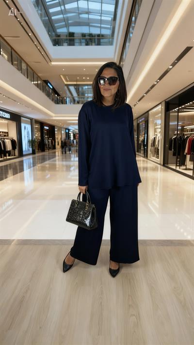 Büyük Beden Lıkralı Esnek Rahat Kalıp Lacivert Bluz-Pantolon İkili Takım-bgt54