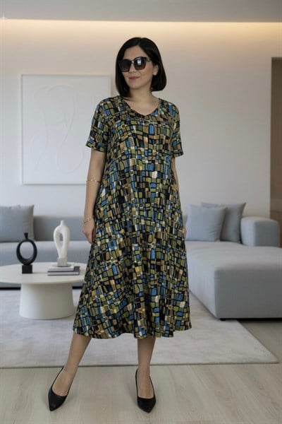 Büyük Beden Likralı V Yaka  Viskon Desenli Penye Cepli Elbise -BGE156