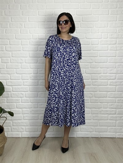 Büyük Beden Likralı Viskon Penye Mavi Desenli Diz Altı Elbise-bge162