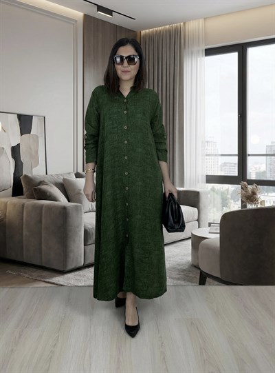 Büyük Beden Önden Düğmeli Katlamalı Kol Dokuma Viskon Elbise -BGE150