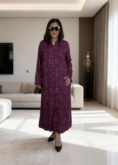 Büyük Beden Önden Düğmeli Katlamalı Kol Dokuma Viskon Elbise -BGE152