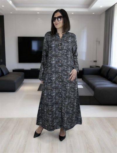 Büyük Beden Önden Düğmeli Katlamalı Kol Dokuma Viskon Elbise -BGE149