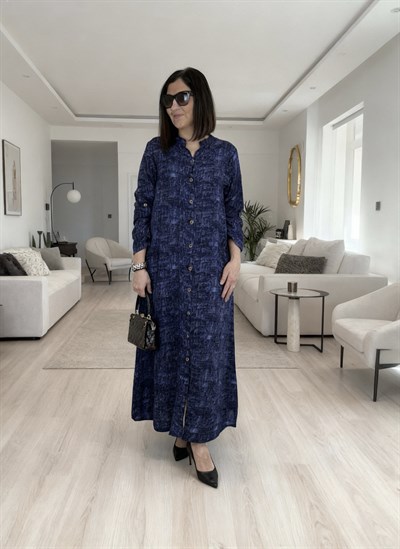 Büyük Beden Önden Düğmeli Katlamalı Kol Dokuma Viskon Elbise -BGE151