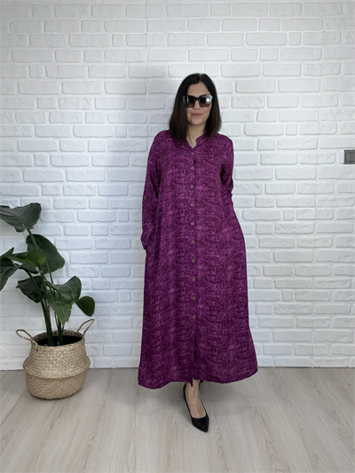 Büyük Beden Önden Düğmeli Katlamalı Kol Dokuma Viskon Elbise -BGE152