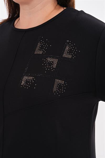 Büyük beden örme tunik siyah taşlı bluz - Charamela