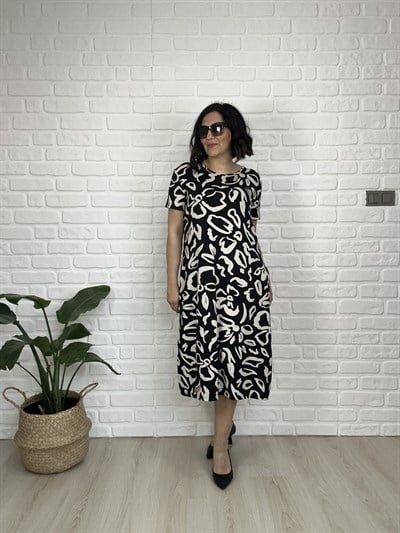 Büyük Beden Sıyah Beyaz Çicek Desenlı Esnek  Penye Elbise -BGE173