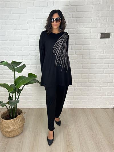 Büyük Beden Taş Detaylı Bluz-Pantolon İkili Takım-bgt49