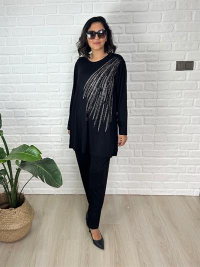 Büyük Beden Taş Detaylı Bluz-Pantolon İkili Takım-bgt49