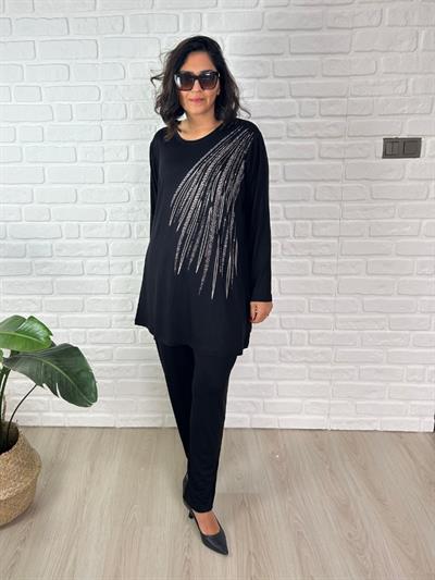 Büyük Beden Taş Detaylı Bluz-Pantolon İkili Takım-bgt49