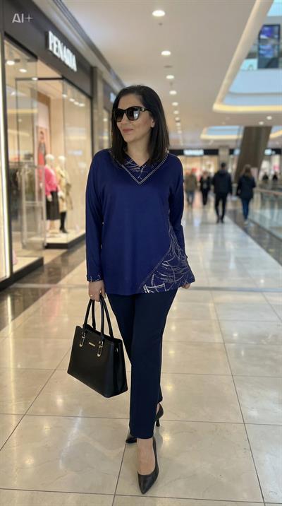 Büyük Beden Taş Detaylı Parlak Baskı Penye Viskon Bluz -BGB151