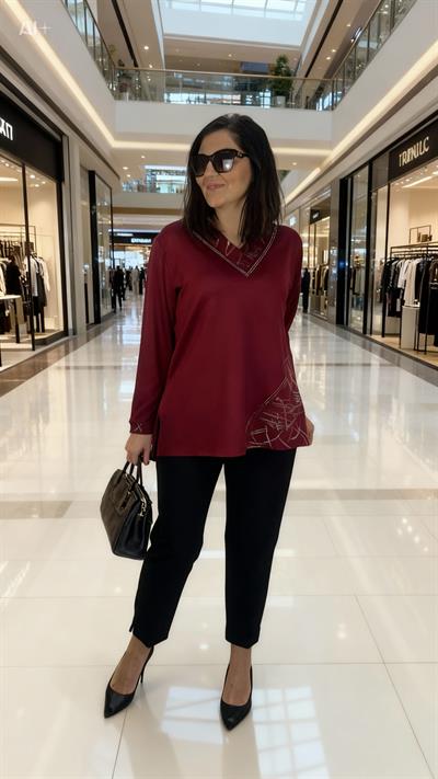 Büyük Beden Taş Detaylı Parlak Baskı Penye Viskon Bluz -BGB150