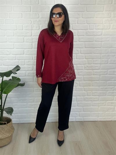 Büyük Beden Taş Detaylı Parlak Baskı Penye Viskon Bluz -BGB150