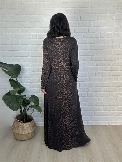 Büyük Beden Uzun Lıkralı Cepli Leopar Desenli Vıskon Penye Elbise-BGE141