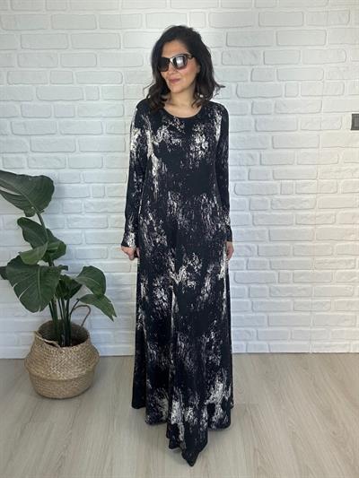Büyük Beden Uzun Lıkralı Cepli Vıskon Siyah Beyaz Batik Desen Penye Elbise-BGE142