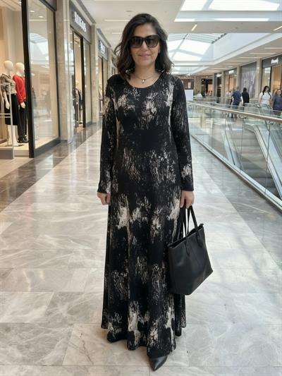 Büyük Beden Uzun Lıkralı Cepli Vıskon Siyah Beyaz Batik Desen Penye Elbise-BGE142