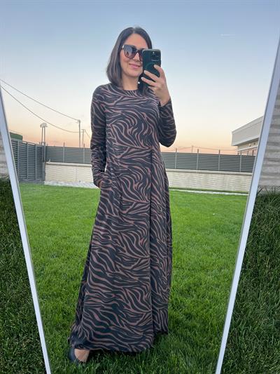 Büyük Beden Uzun Likralı Kahverengi-Siyah Viskon Penye Elbise-BGE137