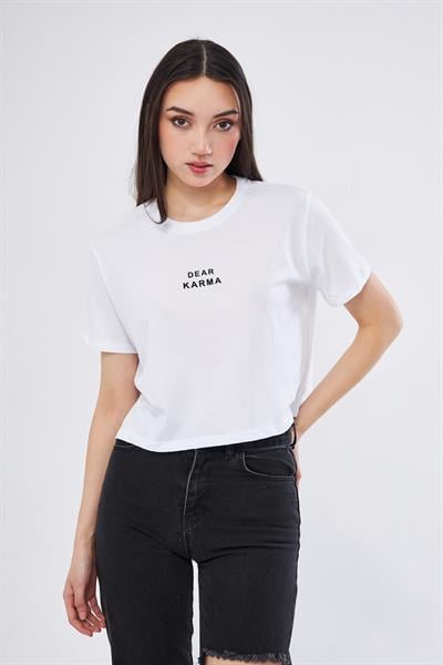 Dear karma baskılı crop t-shirt - Charamela