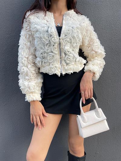 Ekru fermuarlı güllü bomber sweatshirt -bgs26 - Charamela