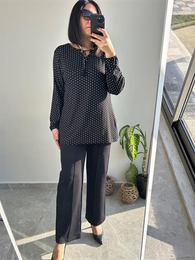 Esnek kumaş beli lastikli önü düğmeli siyah smart rahat pantolon - Charamela