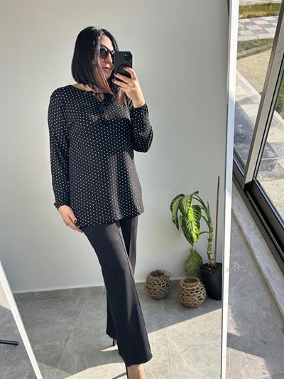 Esnek kumaş beli lastikli önü düğmeli siyah smart rahat pantolon - Charamela