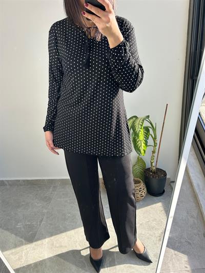 Esnek kumaş beli lastikli önü düğmeli siyah smart rahat pantolon - Charamela