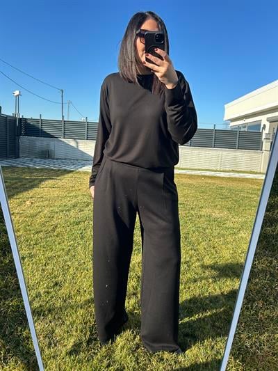 Esnek kumaş beli lastikli taş detaylı geniş paça siyah smart rahat pantolon - Charamela