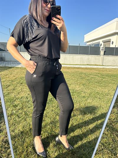 Esnek örme kumaş beli lastikli siyah smart rahat tayt pantolon - Charamela