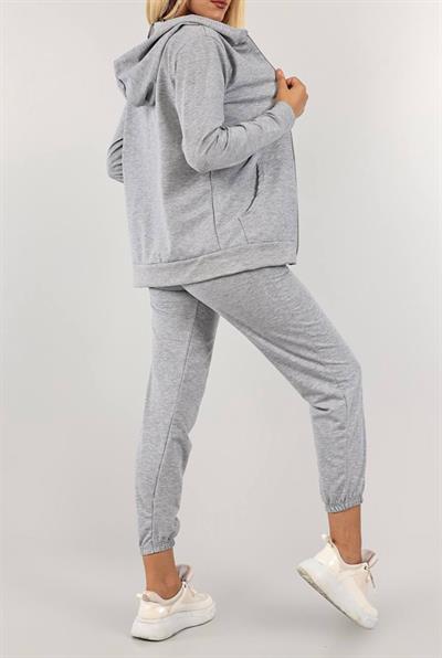 Gri melange fermuarlı hırkalı iki iplik eşofman seti - Charamela