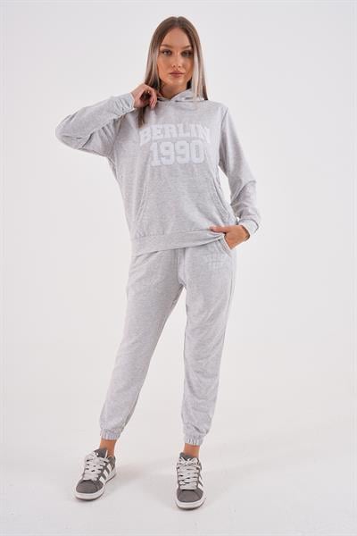 Gri melange iki iplik berlin nakışlı eşofman seti - Charamela
