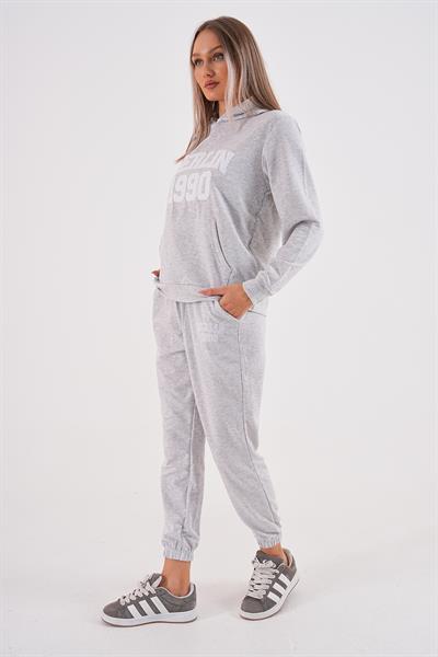 Gri melange iki iplik berlin nakışlı eşofman seti - Charamela