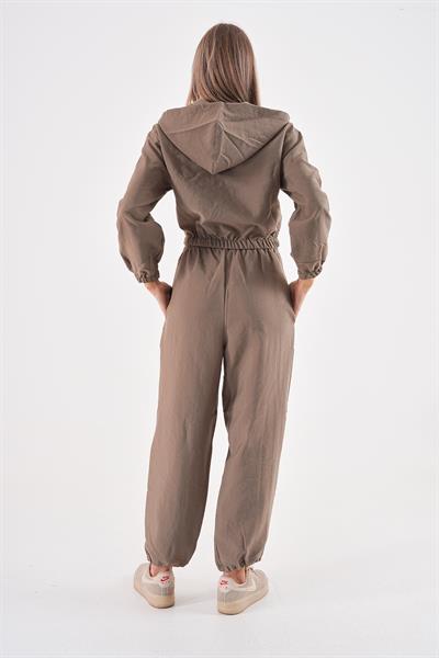 Haki renk su geçirmez kumaş crop hırkalı fermuarlı dokuma 2li takım set - Charamela