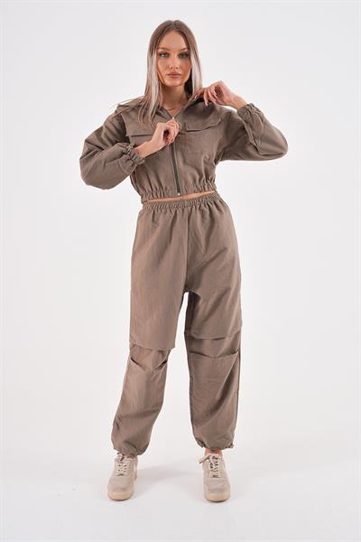 Haki renk su geçirmez kumaş crop hırkalı fermuarlı dokuma 2li takım set - Charamela