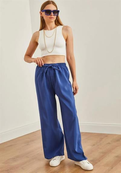 İndigo desenli kadın beli latiklı viskon kumaş rahat kalıp palazzo pantolon - Charamela