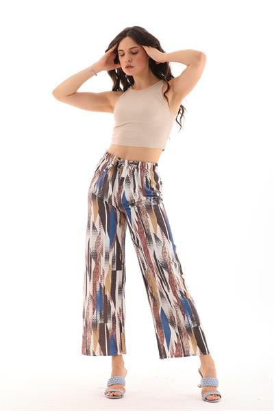 Kadın keten karışımlı belı lastikli palazzo pantolon - Charamela