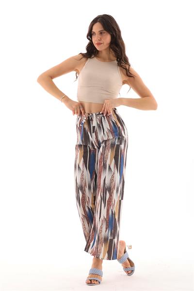 Kadın keten karışımlı belı lastikli palazzo pantolon - Charamela