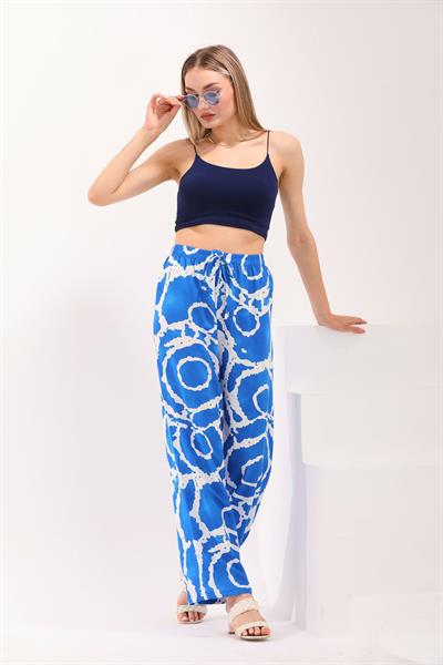 Kadın beli lastikli rahat kesim mavi beyaz desenli palazzo pantolon - Charamela