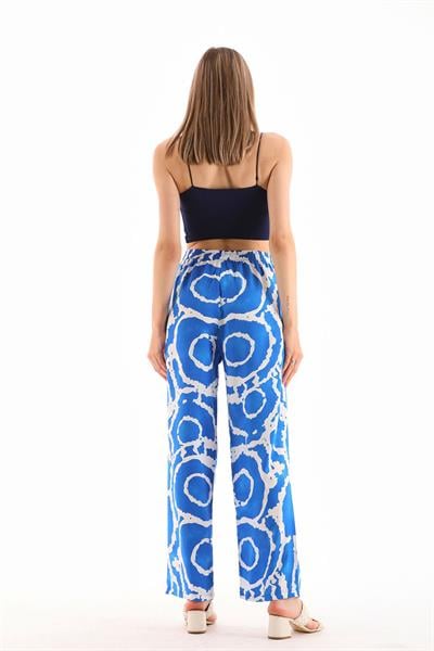 Kadın beli lastikli rahat kesim mavi beyaz desenli palazzo pantolon - Charamela