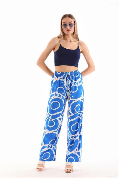 Kadın beli lastikli rahat kesim mavi beyaz desenli palazzo pantolon - Charamela