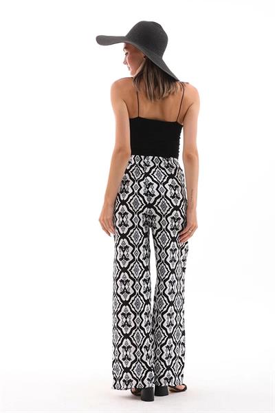 Kadın beli lastikli siyah-beyaz desenli viskon palazzo pantolon - Charamela