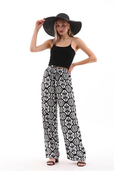 Kadın beli lastikli siyah-beyaz desenli viskon palazzo pantolon - Charamela