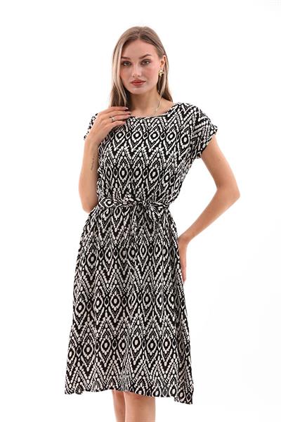 Kadın beli lastikli viskon elbise siyah-beyaz - Charamela